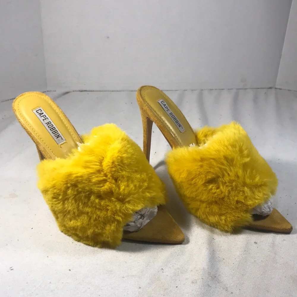 Cape Robbin Women’s Sexy Yellow Faux Fur and Suede 4 1/2 Inch Slip On Stilettos
